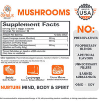 Thumbnail for Genius Mushroom Supplement - Full-Spectrum Lion’s Mane, Cordyceps, Reishi -Daily Brain Nootropic for Energy, Focus, Memory & Overall Wellness - 180 Capsules – Organic for Mental Clarity & Performance