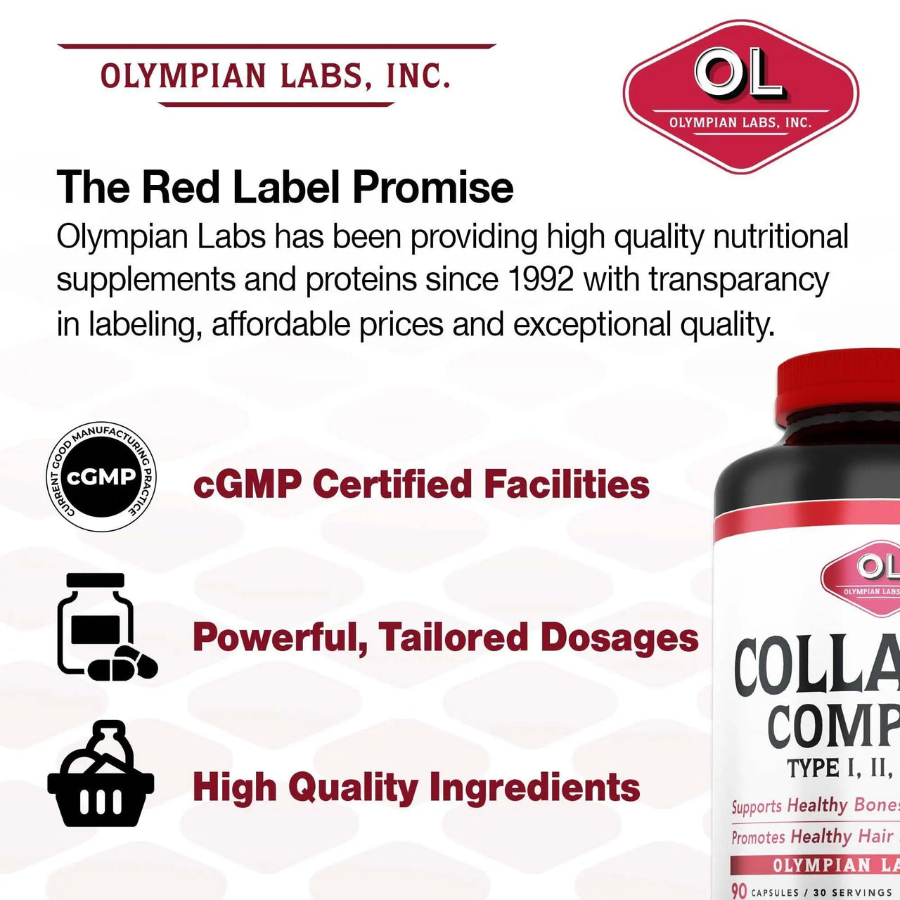 Olympian Labs Multi Collagen Complex Type I, II, III, V, X, Hair, Nails, Joint, Gut Health, 90 Caps, 30-Day Supply