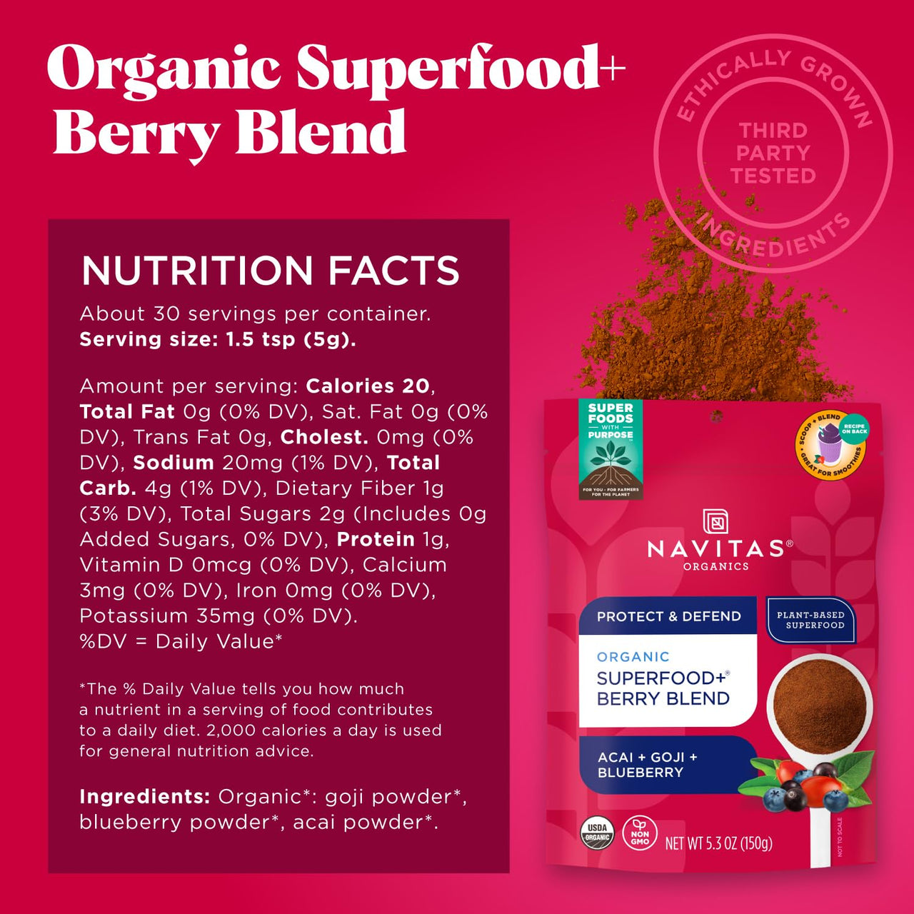 Navitas Organics Superfood+ for Immune Support (Acai + Goji + Blueberry), Bag, 30 Servings Organic, Non-GMO, Vegan, Gluten-Free, Keto & Paleo, Berry Blend, 5.3 Oz