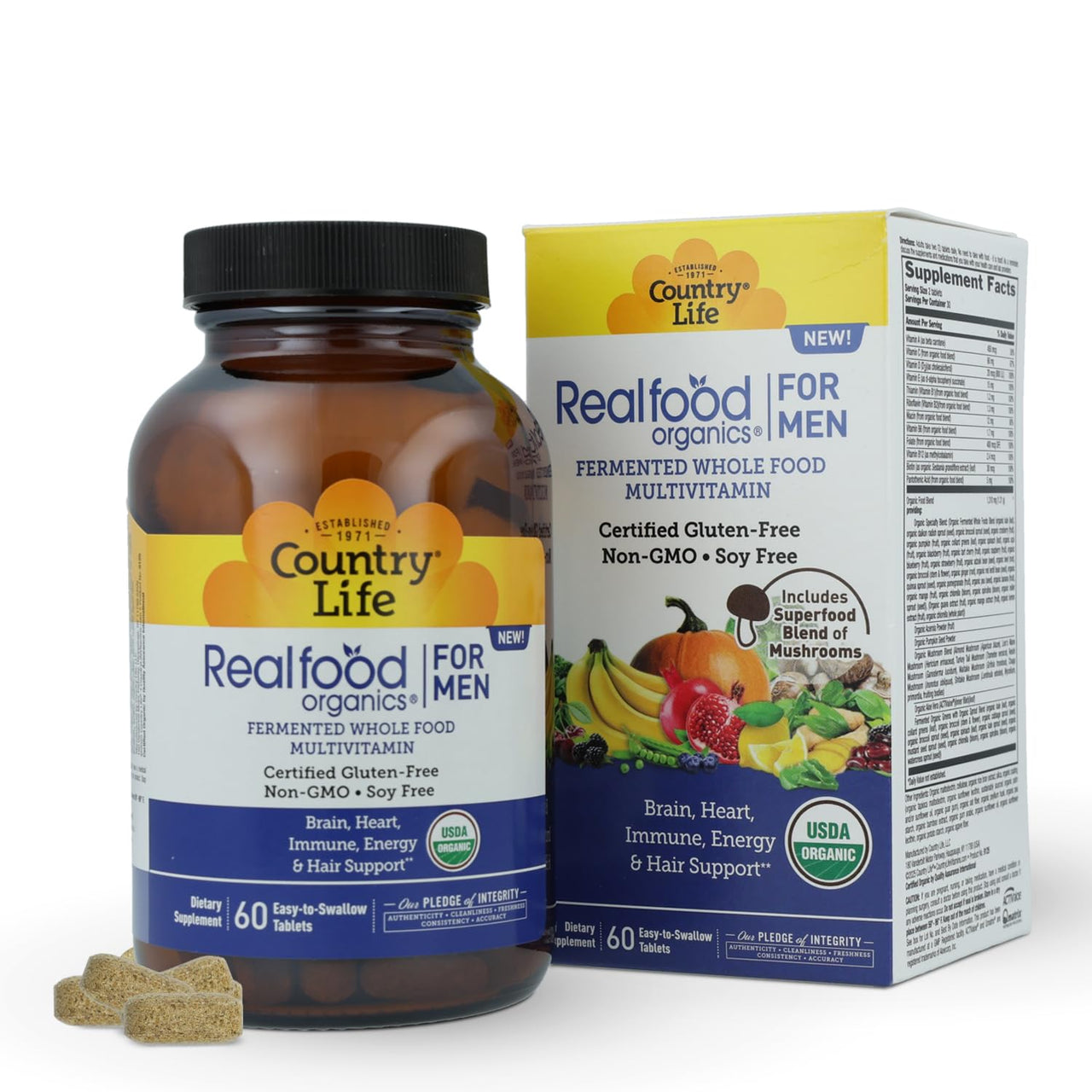 Country Life RealFood Organics for Men – 60 Tablets | 1,300mg Organic Fermented Whole Foods, 7-Mushroom Superfood & Aloe – Certified Gluten-Free, Vegan & USDA Organic Multivitamin