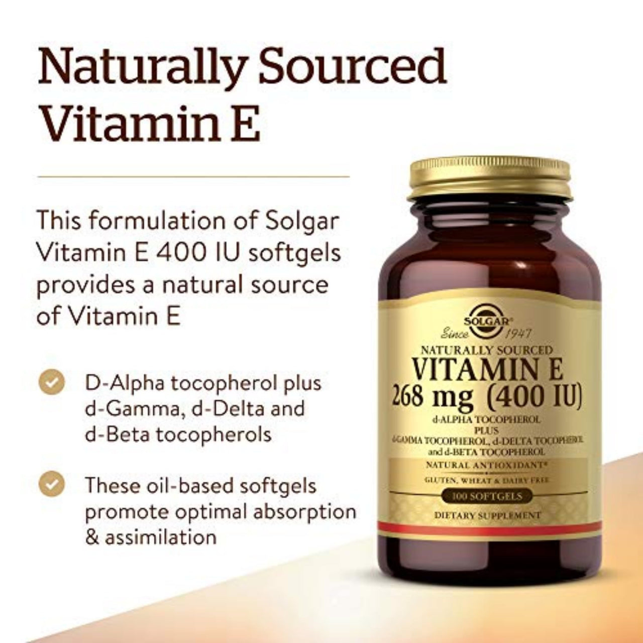 Solgar Vitamin E 268 MG (400 IU) (d-Alpha Tocopherol & Mixed Tocopherols), 100 Softgels - Supports Immune System & Skin Nutrition - Natural Antioxidant - Gluten Free, Dairy Free - 100 Servings