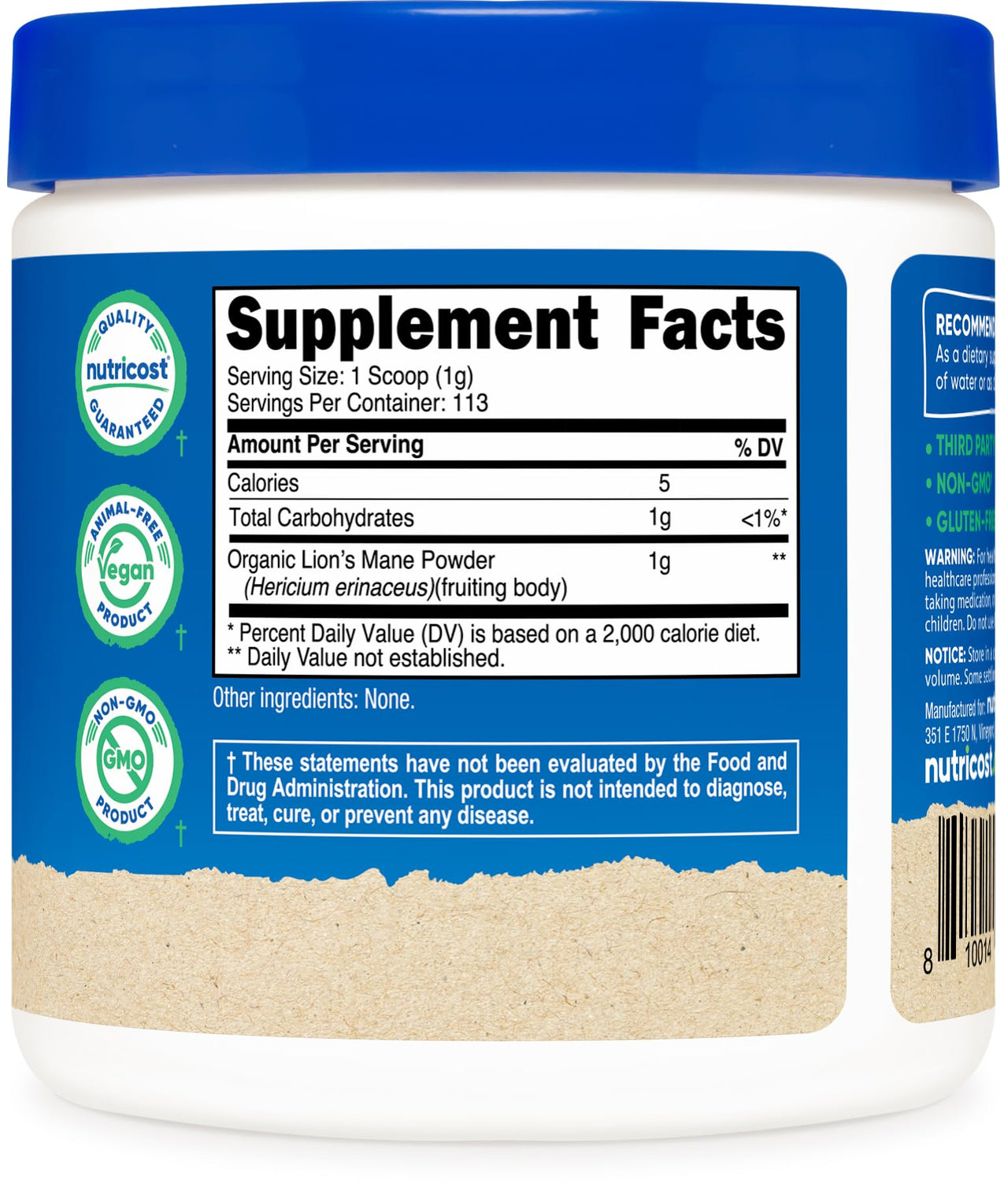 Nutricost Organic Lion's Mane Mushroom Powder 4oz - Certified USDA Organic