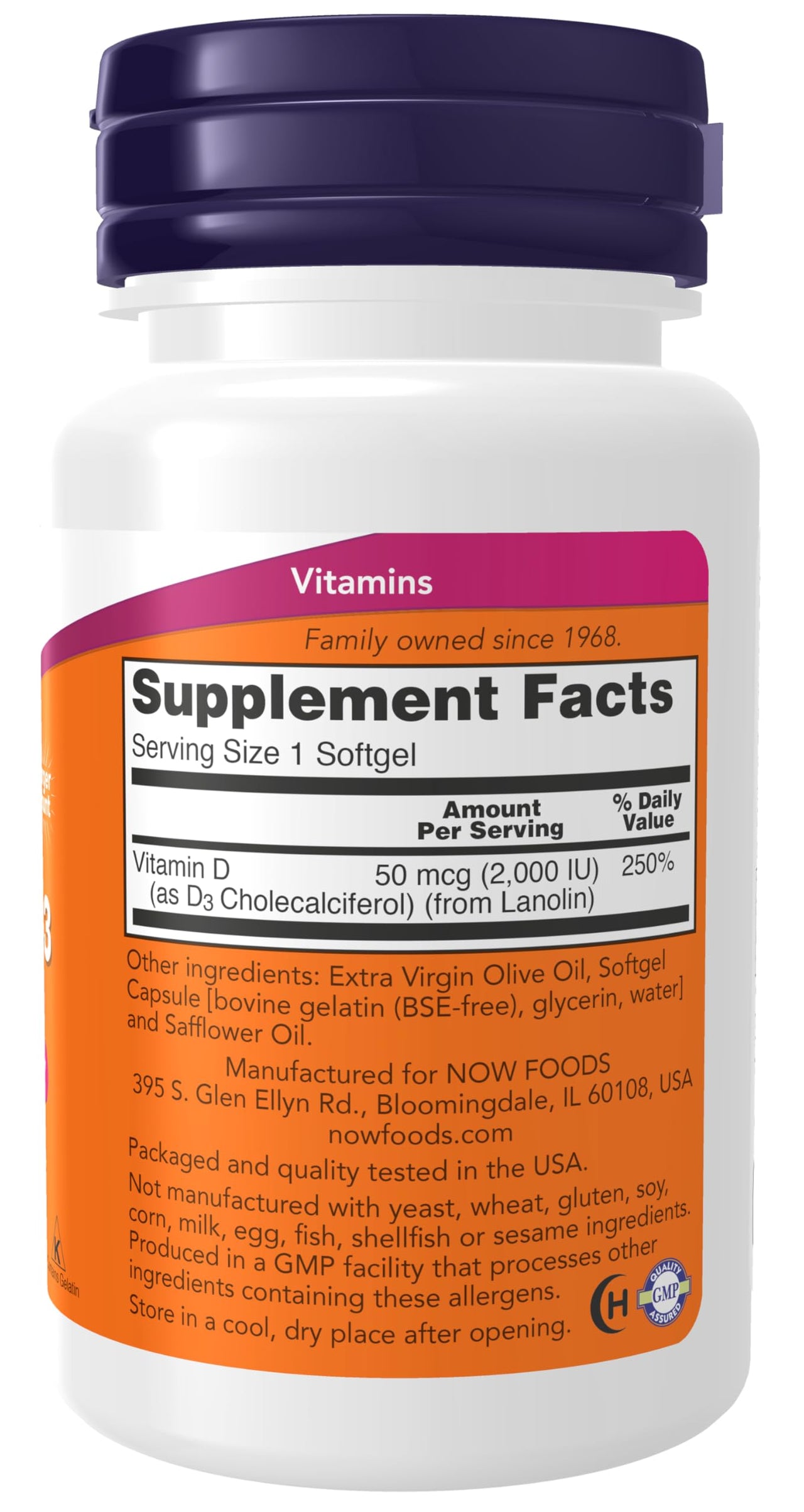 NOW Foods Supplements, Vitamin D-3 2,000 IU, High Potency, Structural Support*, 240 Softgels