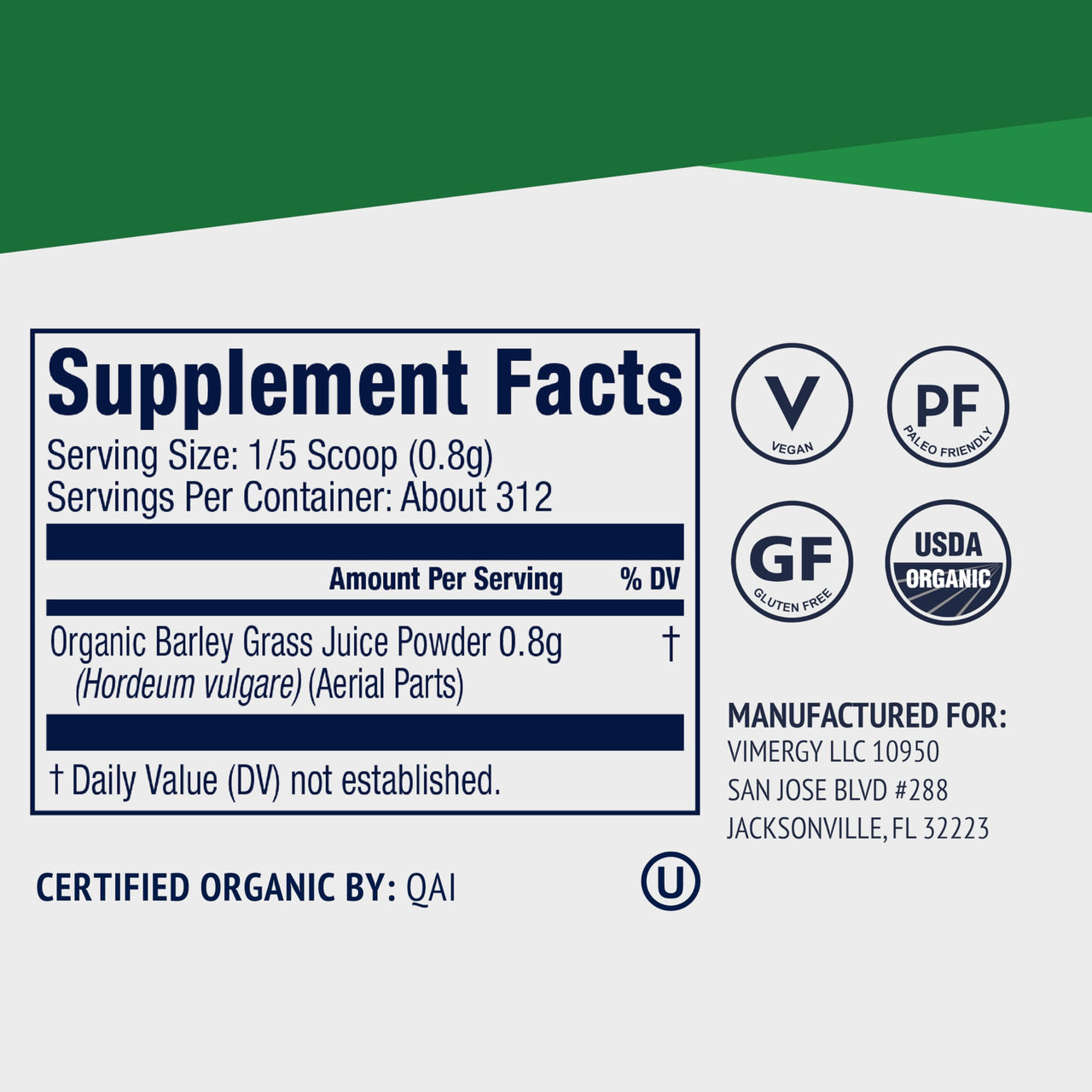 Vimergy Barley Grass Juice Powder Dietary Supplement - 0.8g per Serving (312 Servings) – Clean Superfood Formula – Promotes Cardiovascular Health* – Organic, Vegan & Gluten-Free – Regular Size 250g