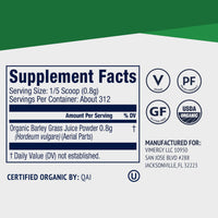 Thumbnail for Vimergy Barley Grass Juice Powder Dietary Supplement - 0.8g per Serving (312 Servings) – Clean Superfood Formula – Promotes Cardiovascular Health* – Organic, Vegan & Gluten-Free – Regular Size 250g