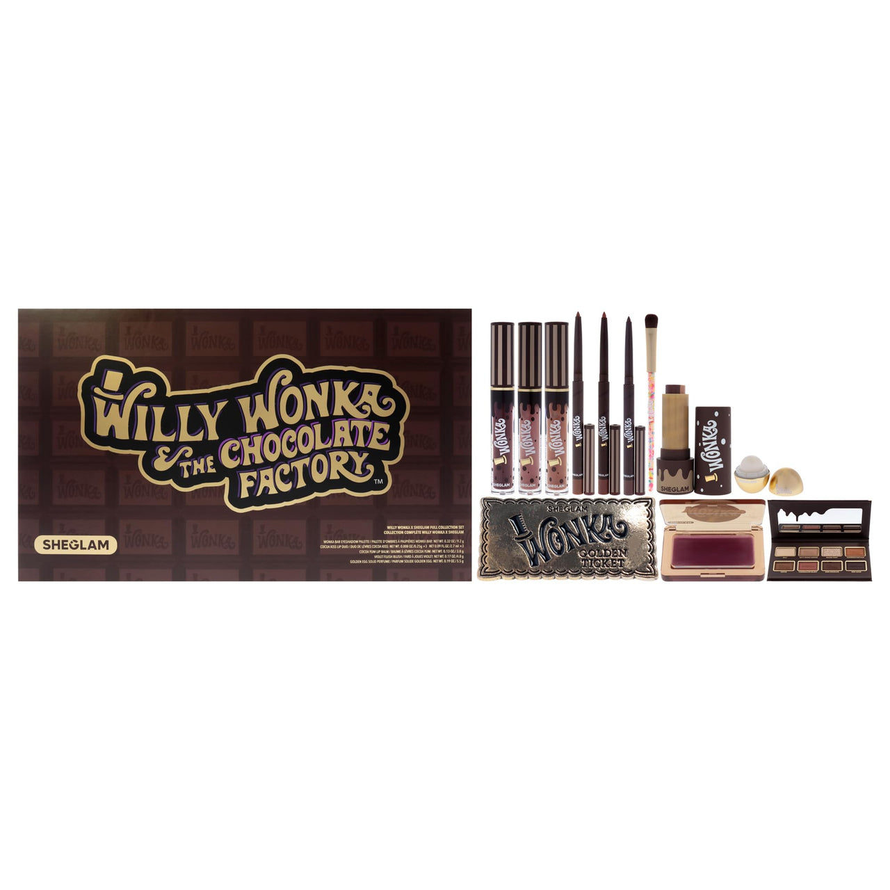 Sheglam Willy Wonka The Chocolate Factory Full Collection Set for Women - 12 Pc Gift Set with Golden Egg Solid Perfume, Eyeshadow Palette, Lip Balm, Blush, Lip Gloss, Lip Liner, Brush & Golden Ticket