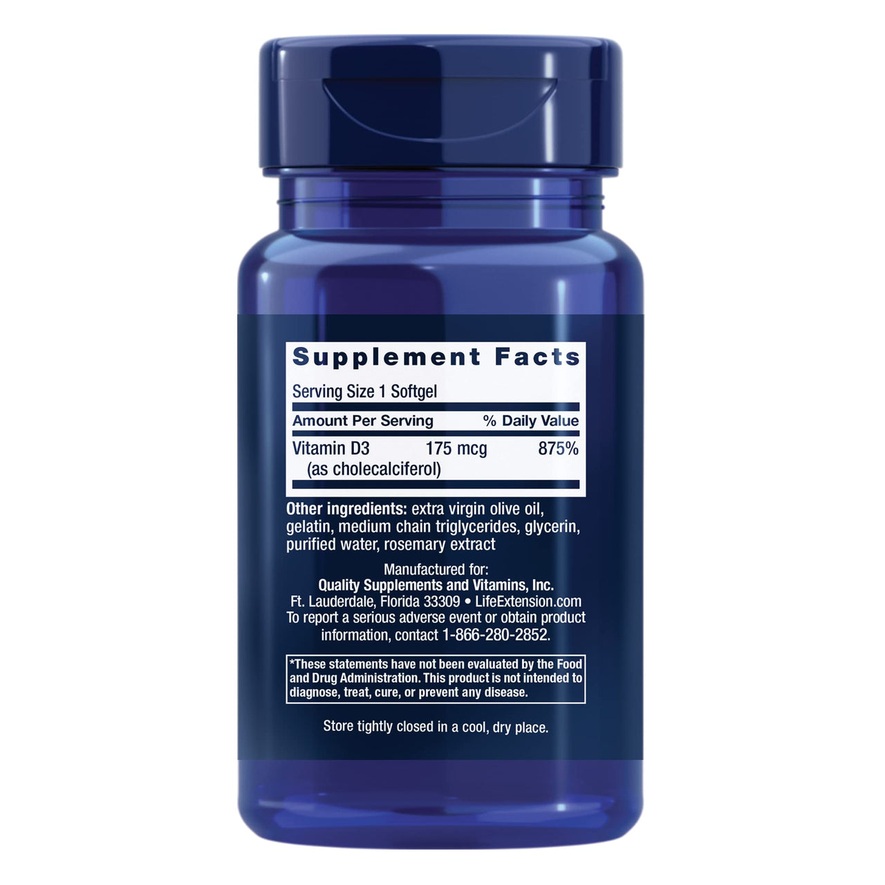 Life Extension Vitamin D3 175 mcg (7000 IU), Immune System Support, Bone Health, Brain Performance, Gluten-Free, Non-GMO, Once Daily, Two-Month Supply, 60 softgels