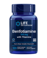 Thumbnail for Life Extension Benfotiamine with Thiamine, Fat & Water Soluble Vitamin B1, Gluten Free, Healthy Metabolism, Non-GMO, Vegetarian, 100 mg, 120 Vegetarian Capsules