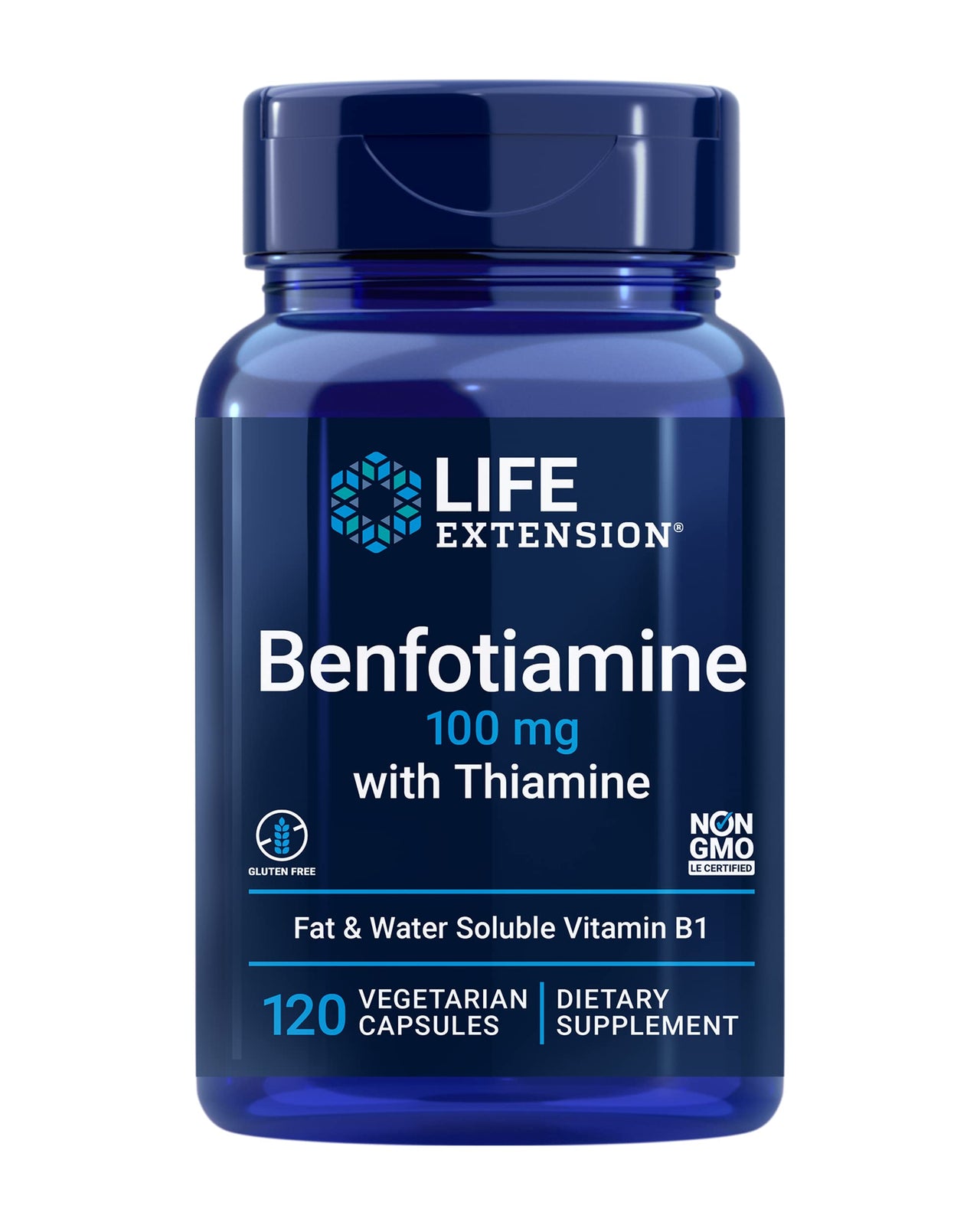 Life Extension Benfotiamine with Thiamine, Healthy Blood Sugar Metabolism Support, 100 mg benfotiamine, Cardiovascular Health, Brain Health, Non-GMO, Gluten-Free, 120 Vegetarian Capsules