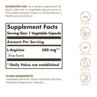 Thumbnail for Solgar L-Arginine 500 mg - 250 Vegetable Capsules - Nitric Oxide Stimulator - Non-GMO, Vegan, Gluten Free, Dairy Free, Kosher - 250 Servings