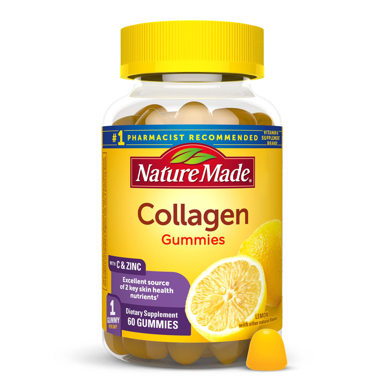 Nature Made Collagen Gummies with Vitamin C, Zinc, Biotin, Hydrolyzed Collagen Peptides for Women and Men, Healthy Skin Support Supplement, 60 Gummies, 60 Day Supply