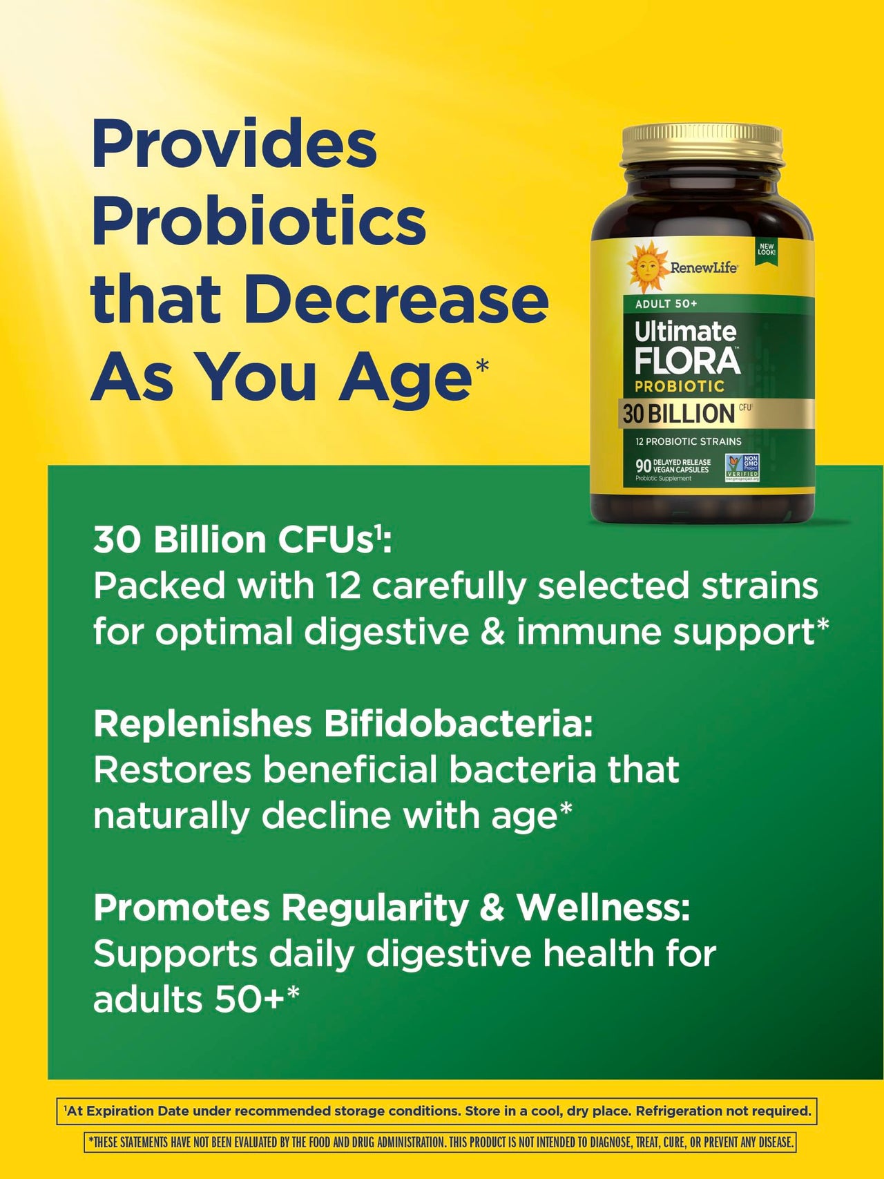Renew Life Probiotic Adult 50 Plus Probiotic Capsules, Daily Supplement Supports Urinary, Digestive and Immune Health, L. Rhamnosus GG, Dairy, Soy and gluten-free, 30 Billion CFU, 90 Count