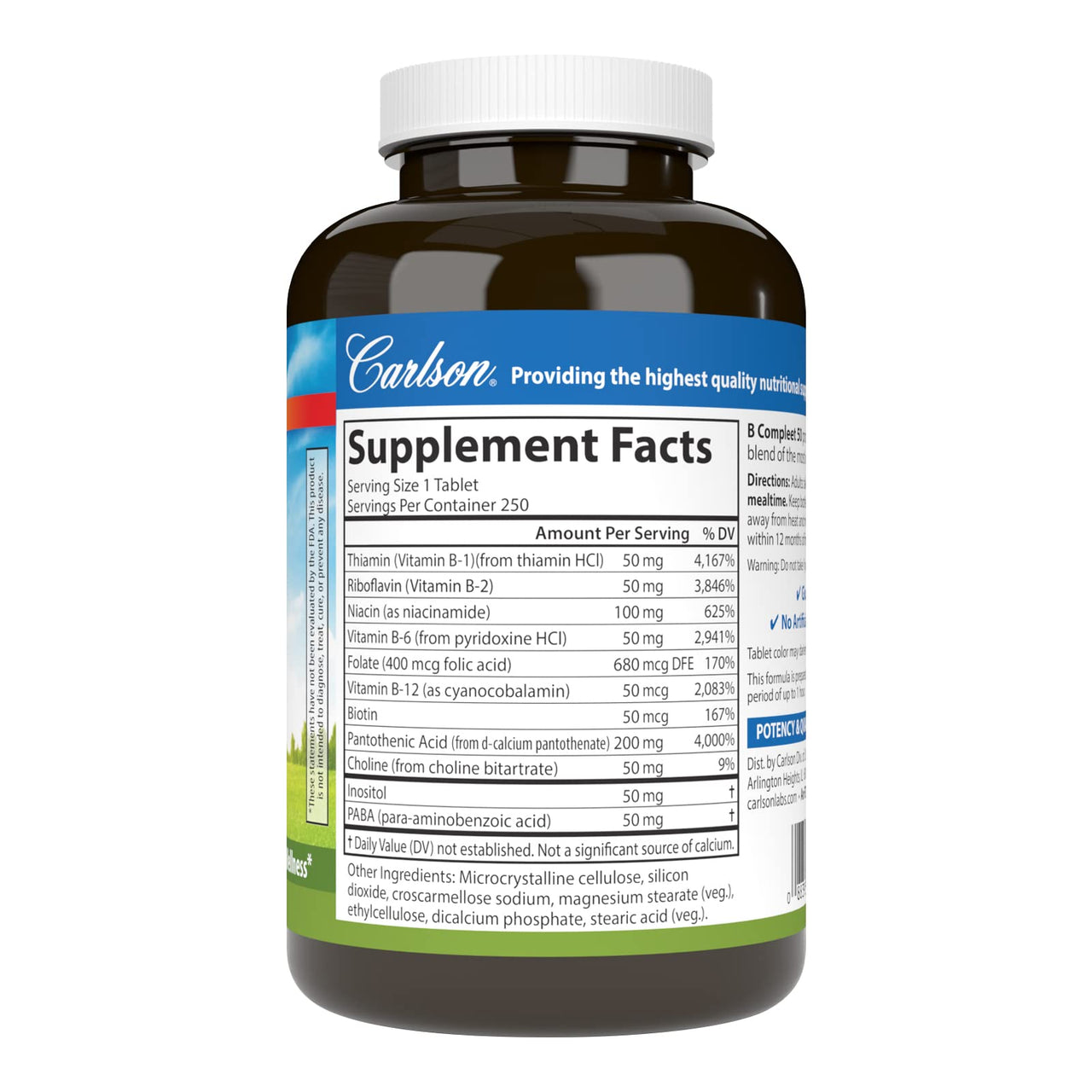 Carlson - B Compleet 50, Balanced Vitamin B Complex, Energy Production, Cellular Support & Optimal Wellness, 250 Tablets