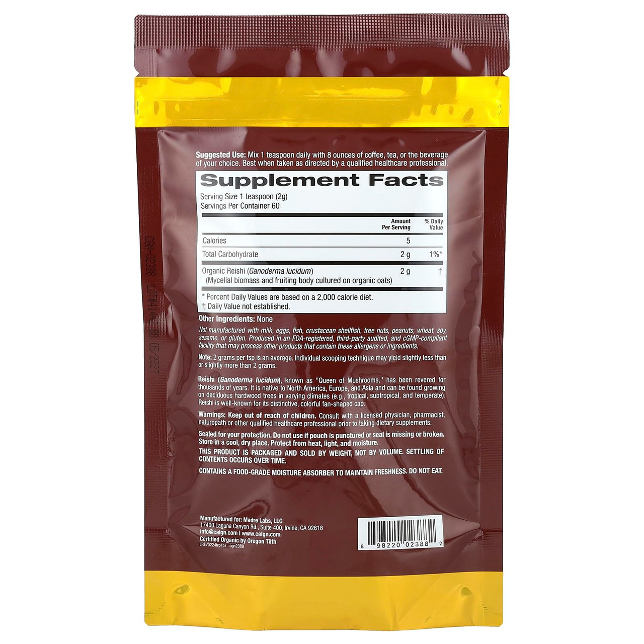 California Gold Nutrition Fungiology®, Certified Organic Reishi Powder, 4.2 oz (120 g)