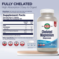 Thumbnail for KAL Chelated Magnesium Bisglycinate, Magnesium Supplement for Relaxation, Bone Health, Nerve & Muscle Function Support*, High Absorption, Gentle Digestion, Vegan, Gluten Free, 60 Servings, 180 Tablets