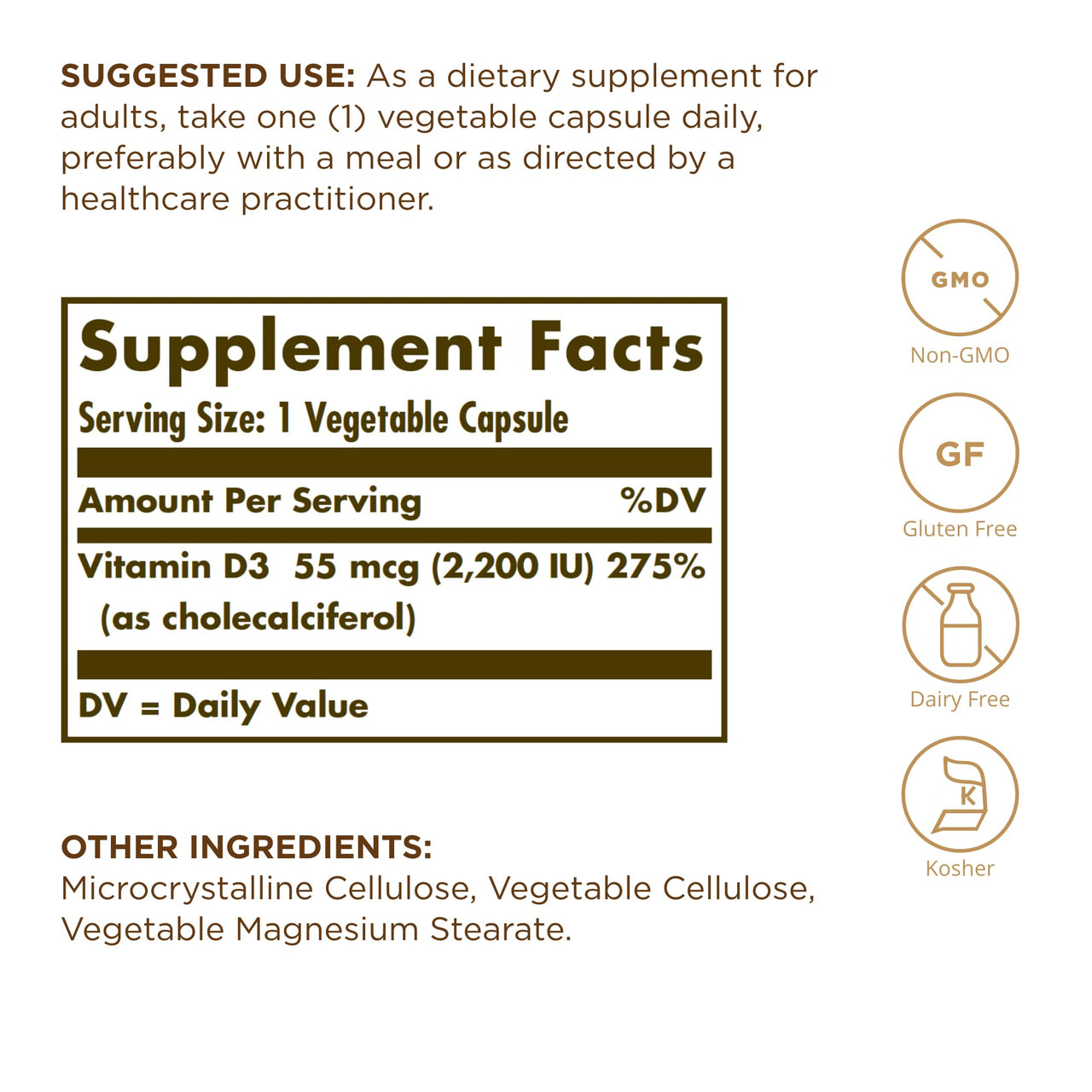 Solgar Vitamin D3 (Cholecalciferol) 55 mcg (2200 IU), 50 Vegetable Capsules - Helps Maintain Healthy Bones & Teeth - Immune System Support - Non-GMO, Gluten Free, Dairy Free, Kosher - 50 Servings
