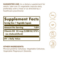 Thumbnail for Solgar Vitamin D3 (Cholecalciferol) 55 mcg (2200 IU), 50 Vegetable Capsules - Helps Maintain Healthy Bones & Teeth - Immune System Support - Non-GMO, Gluten Free, Dairy Free, Kosher - 50 Servings