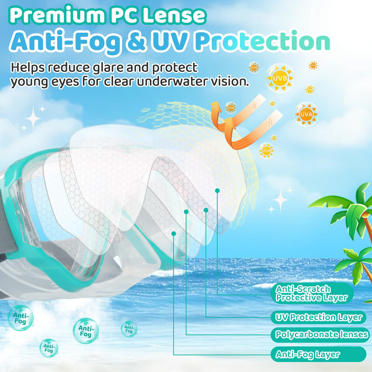 Vvinca Snorkel Set for Kids 3-14, Dry Top Snorkeling Gear for Boys Girls Youth, Panoramic View Swim Goggles with Nose Cover & Anti-Fog Lens, Junior Scuba Diving Mask with Adjustable Soft Fabric Strap