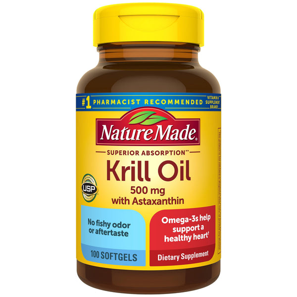 Nature Made Superior Absorption Krill Oil 500mg with Astaxanthin and Phospholipids, Omega 3 for Heart Health Support, Antarctic Krill Oil, 100 Softgels, 100 Day Supply
