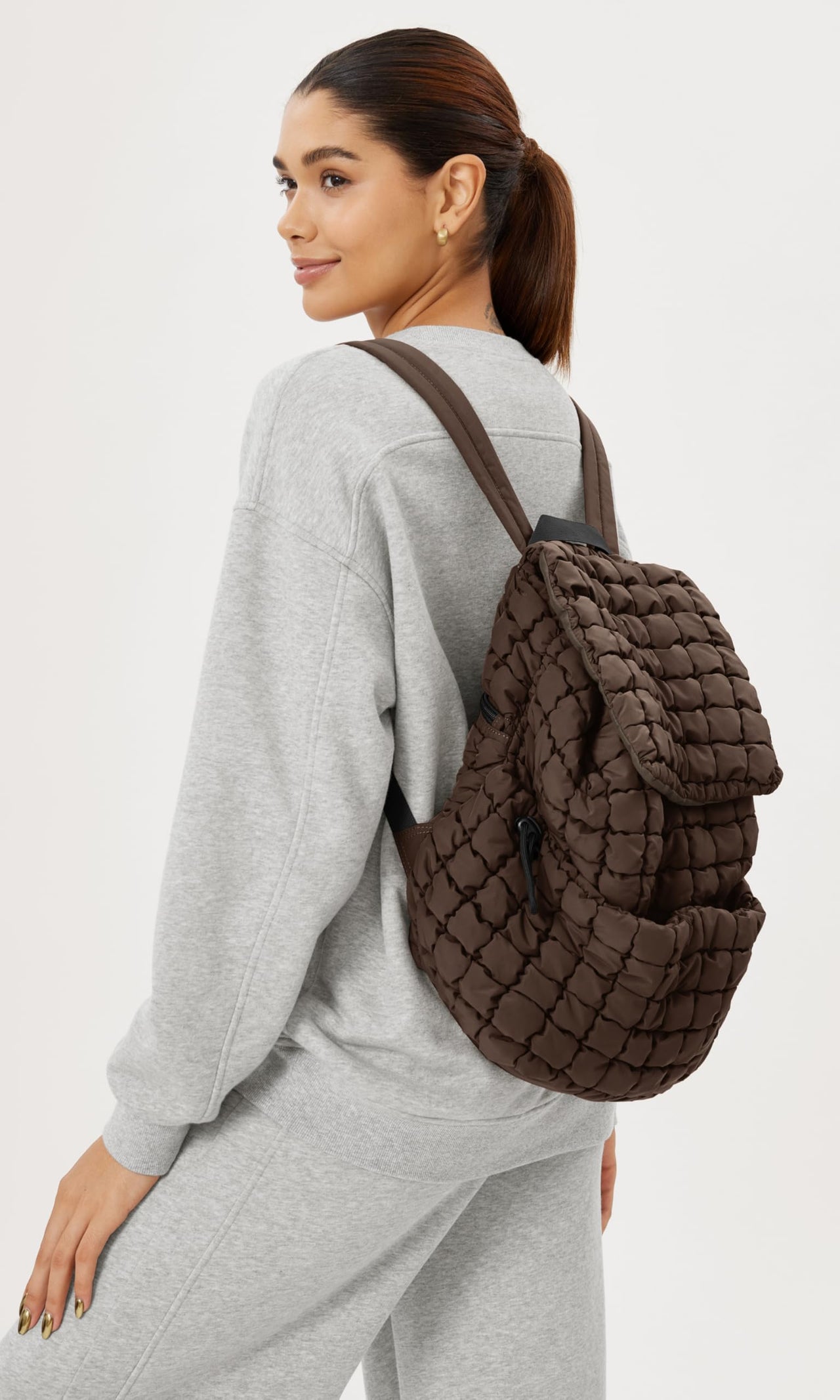 ODODOS Quilted Backpack 2.0 for Women Lightweight Puffer Hiker Pack Drawstring Padding Travel Gym Bag, Dark Brown