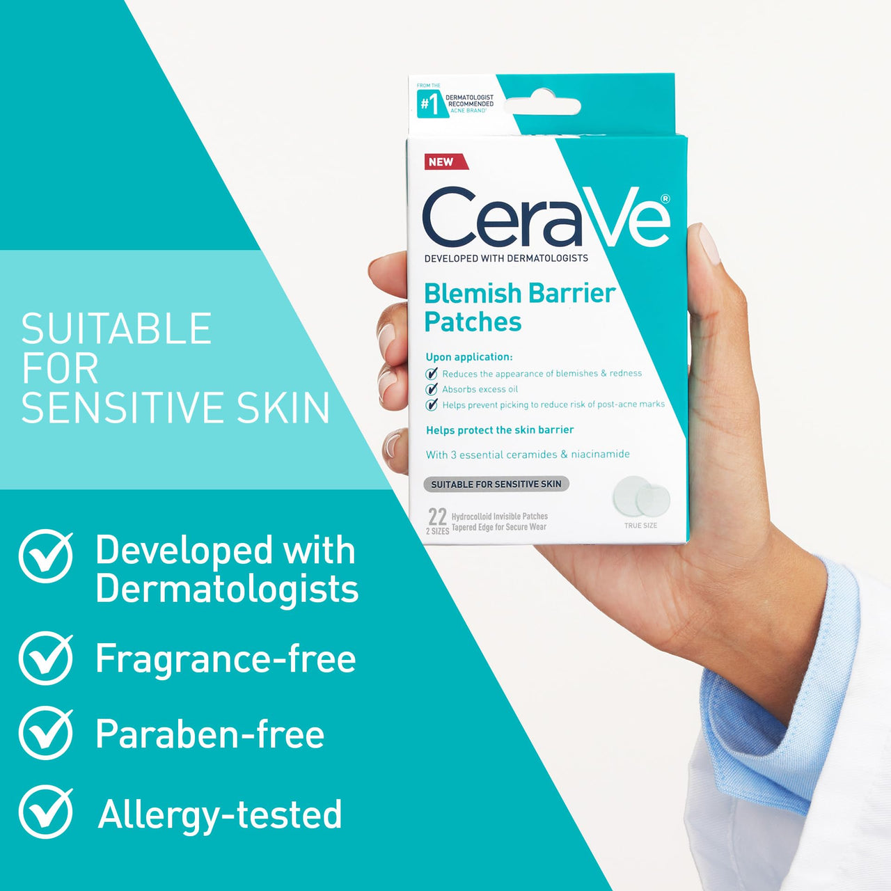 CeraVe Hydrocolloid Blemish Patches, Oil Absorbing Spot Control with Ceramides and Niacinamide, Allergy-Tested & Suitable For Sensitive Skin, Ultra-Thin & Blends Into All Skin Tones, 22ct