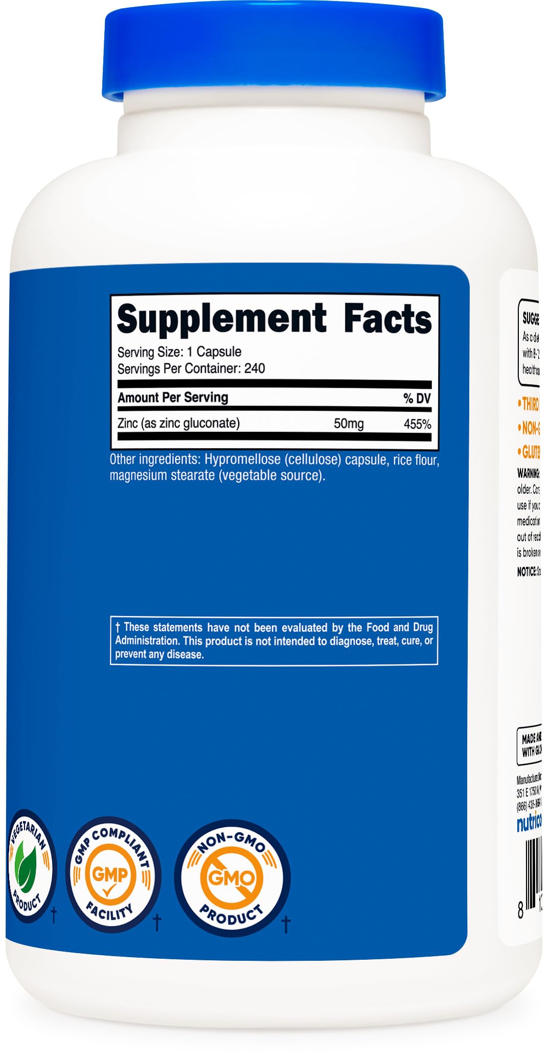Nutricost Zinc Gluconate 240 Vegetarian Capsules (50mg) - Gluten Free and Non-GMO