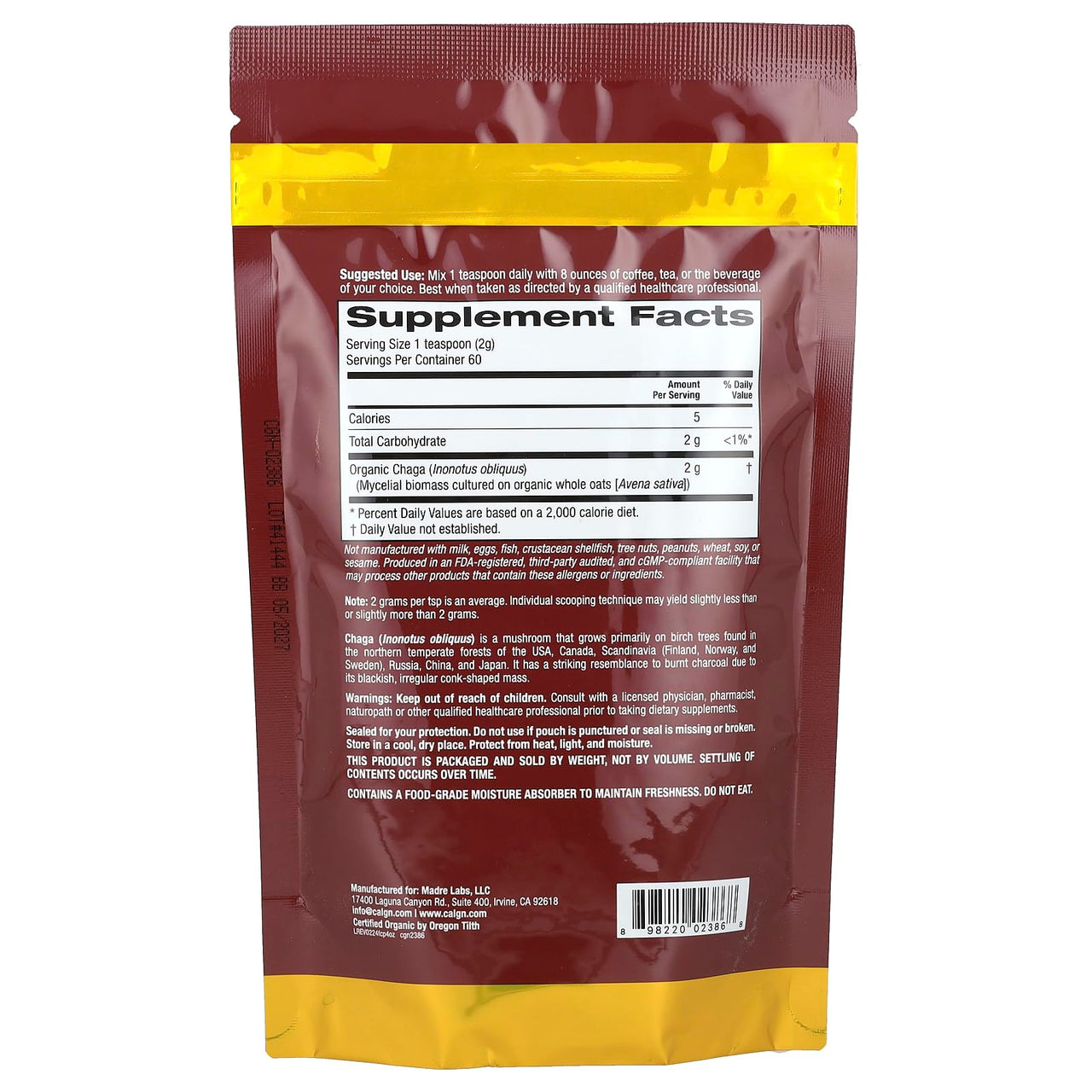 California Gold Nutrition Fungiology®, Certified Organic Chaga Powder, 4.2 oz (120 g)