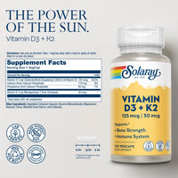 Thumbnail for SOLARAY Vitamin D3 K2 - Bone Health and Immune Support Supplement - With 5000 IU Vitamin D as Vit D3 and 50 mcg Vitamin K2 as Menoquinone MK7, Made Without Soy, 60-Day Guarantee, 120 Serv, 120 VegCaps