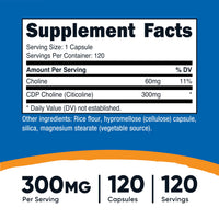 Thumbnail for Nutricost CDP Choline (Citicoline) 300mg, 120 Vegetarian Capsules - Non-GMO, Vegetarian Friendly, Gluten Free