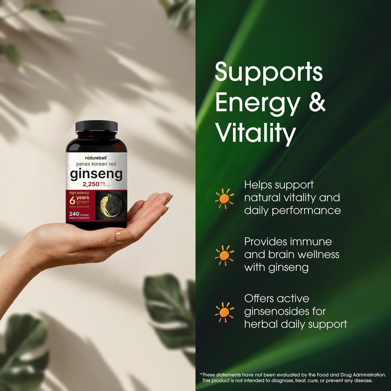 NatureBell Panax Korean Red Ginseng - 240 Softgels - 2,250mg High Strength Herbal Vitality Support* - Standardized 10% Ginsenosides from Six-Year-Old Ginseng Root - Energy & Immune Support*