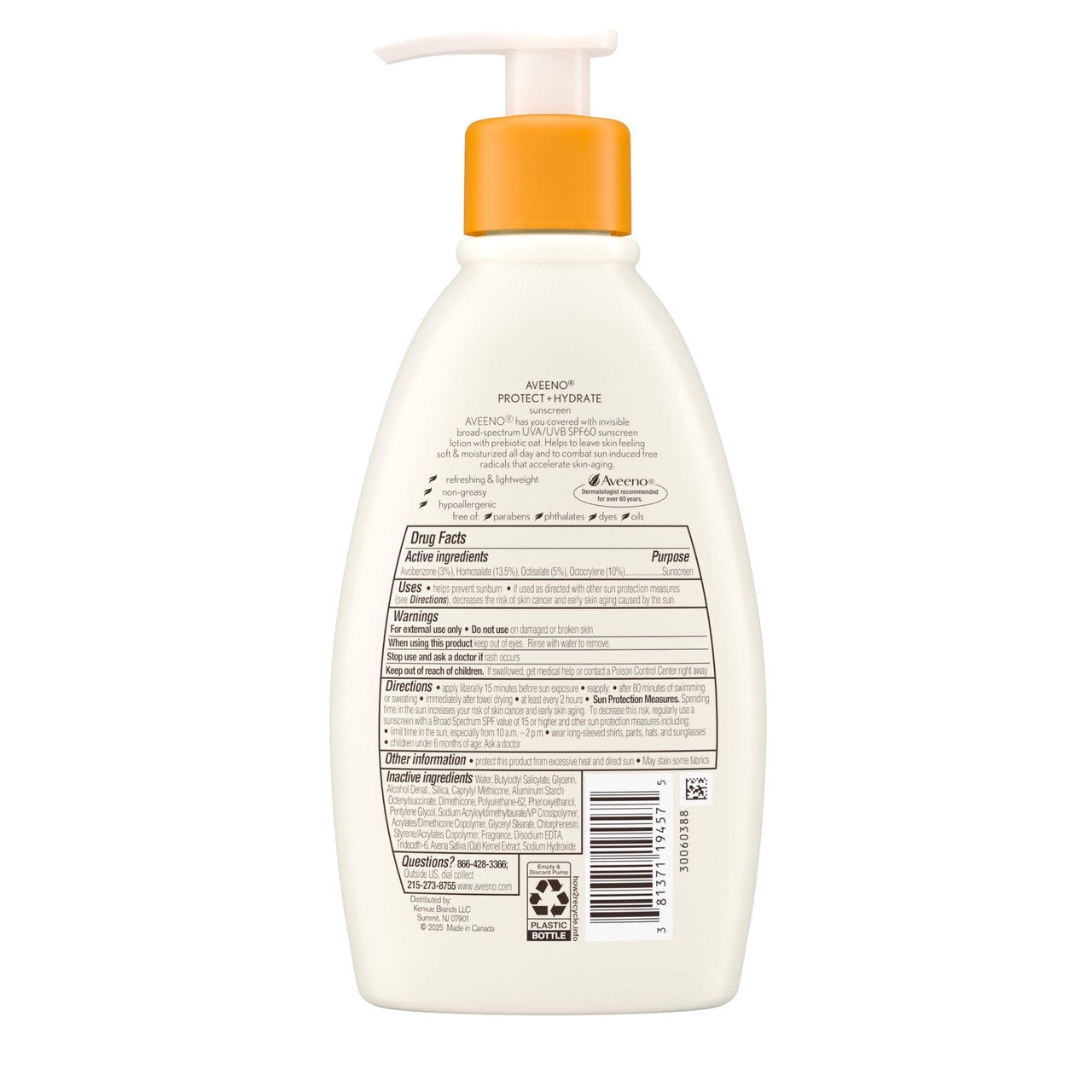 Aveeno Protect + Hydrate Sunscreen Moisturizing Lotion with Prebiotic Oat, Broad Spectrum SPF60, Paraben, & Oil Free, Weightless, Water & Sweat Resistant (80-min) for Sensitive Skin, 12 Fl Oz