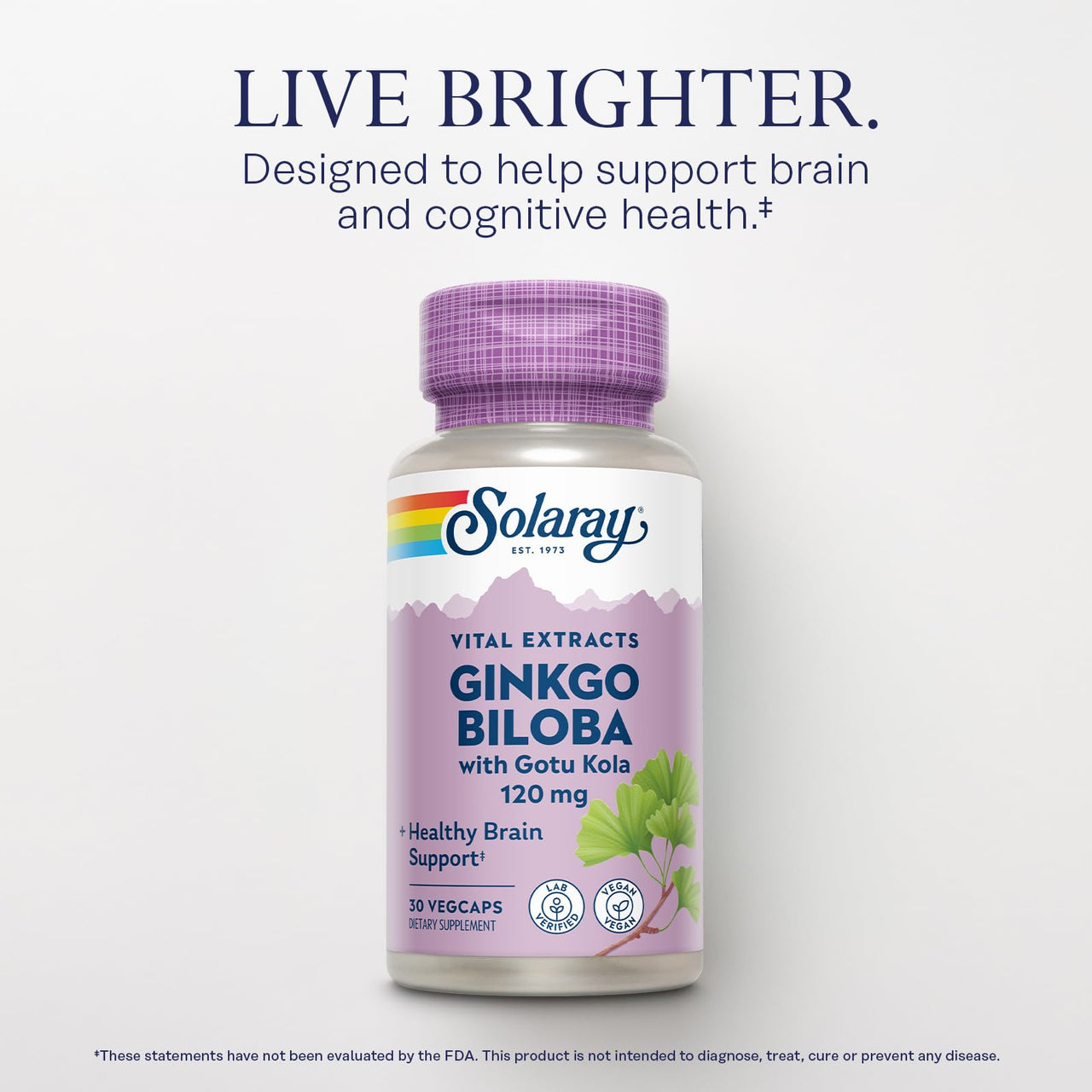 SOLARAY Ginkgo Biloba Extract with Gotu Kola - Ginko Biloba Capsules for Brain Health Support - Vegan, Lab Verified, 60-Day Guarantee - 60 Servings, 60 VegCaps (30 VegCaps)
