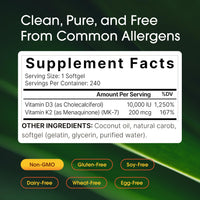 Thumbnail for NatureBell Vitamin Double Strength D3 + K2-240 Softgels - 10,000 IU Vitamin D & 200mcg K2 - Bone Strength, Immune Function & Calcium Absorption Support* - Coconut Oil Infused