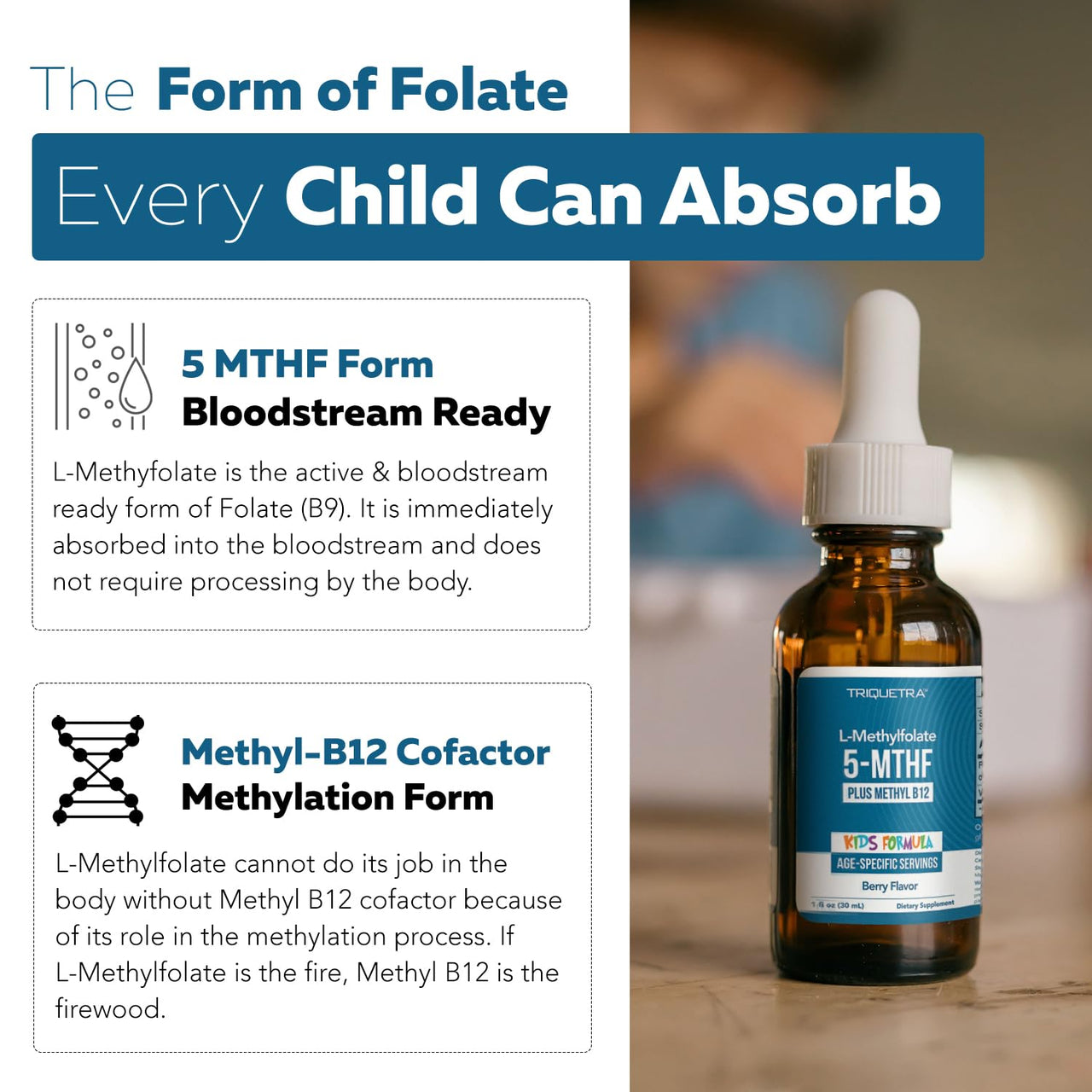 Organic Kids L-Methylfolate + Methyl B12 Cofactor - MTHFR Sublingual Form - 5-MTHF, Superior Form of Folate - Adjustable Dosing for All Ages - Mood, Behavior, Cognition - Organic Berry Flavor, 1 Fl oz