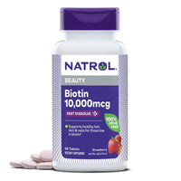 Thumbnail for Natrol Biotin 10000mcg, 4X Faster Dissolve Supplement for Healthy Hair, Skin and Nails for Those Low in Biotin, Plus Energy Metabolism Support, 60 Tablets, Up to a 60 Day Supply