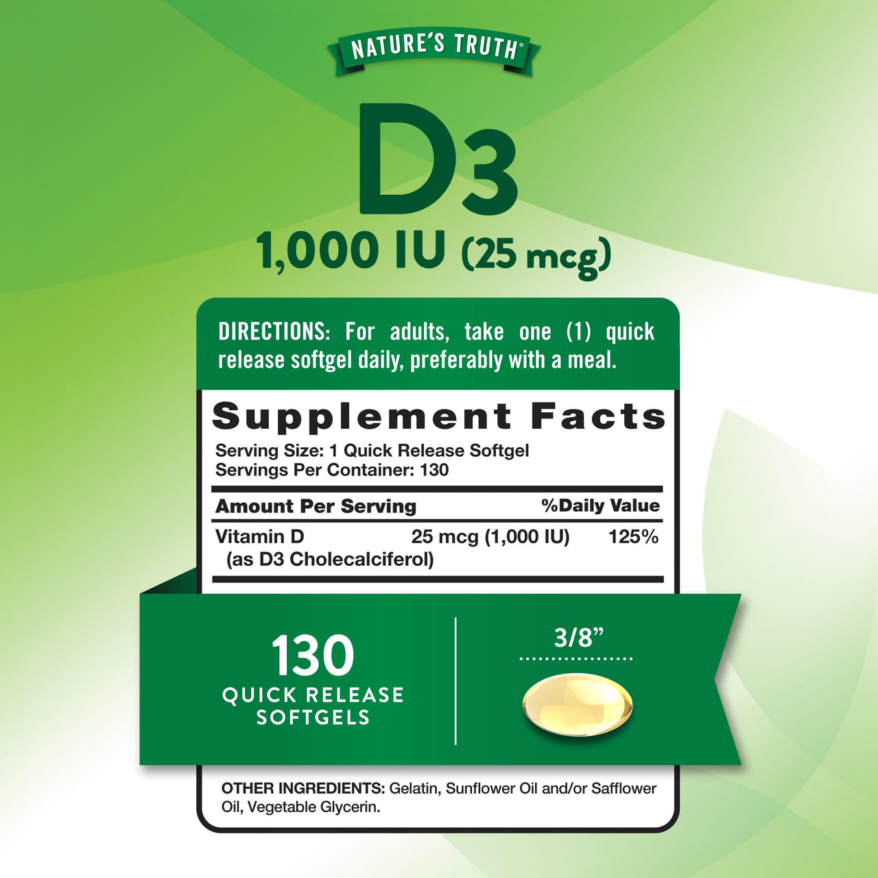Nature's Truth Vitamin D3 1000 IU Softgels | High Potency Formula | 25 mcg | Non-GMO & Gluten Free Supplement