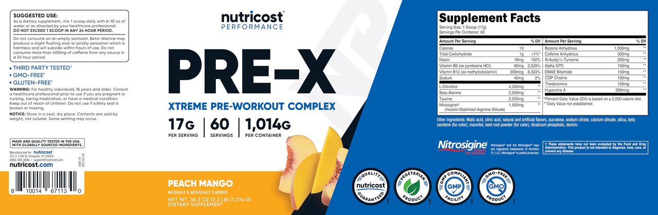 Nutricost Pre-X Xtreme PreWorkout Powder Complex, Peach Mango, 60 Servings, Vegetarian, Non-GMO and Gluten Free