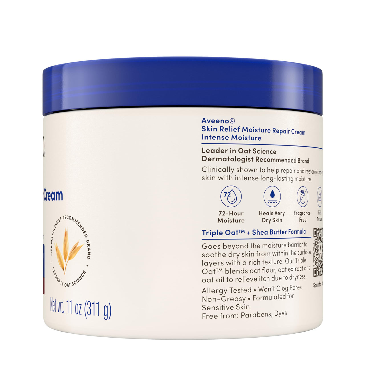 Aveeno Skin Relief Intense Moisture Repair Body Cream with Triple Oat & Shea Butter Formula, Helps Heal, Repair & Restore Very Dry Skin with Long-Lasting Moisture, Fragrance-Free, 11 oz
