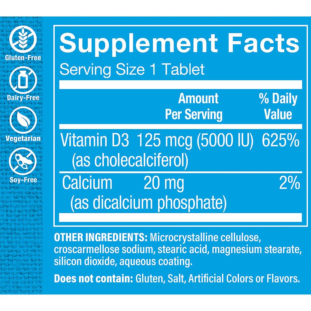 The Vitamin Shoppe Vitamin D3 5000IU - Bone Immune & Cellular Health | Cholecalciferol Softgels | 120 Tablets | Gluten-Free
