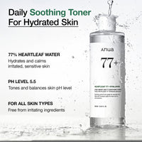 Thumbnail for Anua Heartleaf 77 Soothing Toner, Moisturizing & Calming Facial Toner for Glass Skin, Hyaluronic Acid, Lightweight Hydration for Sensitive Skin, Redness Relief, Korean Skincare, 8.45 fl.oz