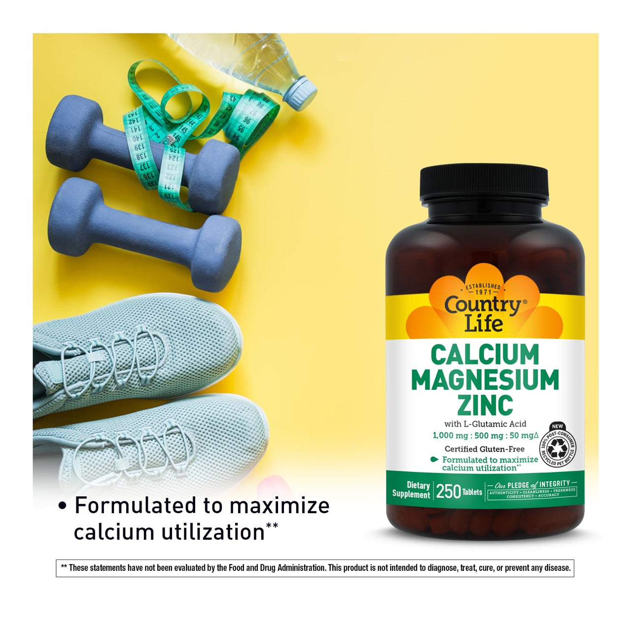 Country Life Calcium Magnesium Zinc with L-Glutamic Acid, Dietary Supplement for Bone Support, Certified Gluten Free , 1000mg/500mg/50mg, 250 Tablets