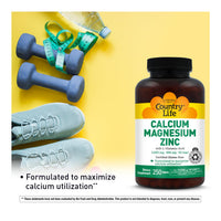 Thumbnail for Country Life Calcium Magnesium Zinc with L-Glutamic Acid, Dietary Supplement for Bone Support, Certified Gluten Free , 1000mg/500mg/50mg, 250 Tablets