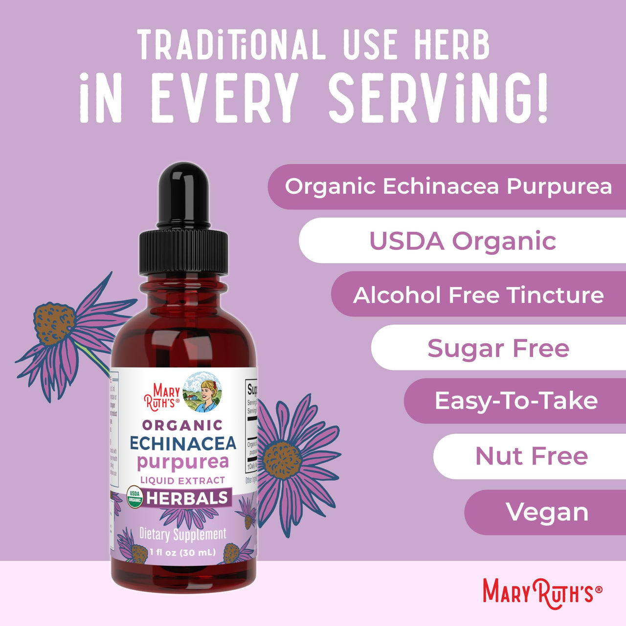 MaryRuth Organics Echinacea Purpurea Liquid | Sugar Free | USDA Organic | Echinacea Liquid Drops for Immune Support| Respiratory Health | Alcohol Free | Non-GMO | Vegan | 1 Fl Oz