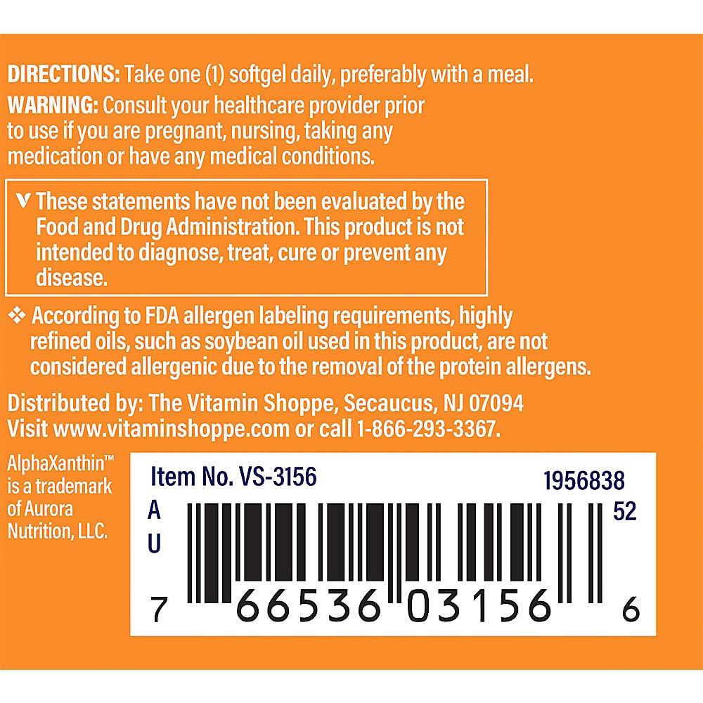 The Vitamin Shoppe Astaxanthin (Solasta) Branded Ingredient 12mg (30 (30 Softgels)