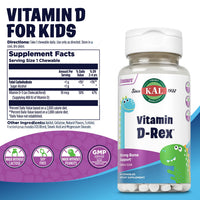 Thumbnail for KAL Vitamin D-Rex Chewable, Childrens Vitamins 400 IU D-3, Bubble Gum Flavor, Strong Bone & Immune Support, Lactose/Peanut/Soy Free, 60-Day Guarantee, 90 Servings, 90 Dinosaur Shape Chewables