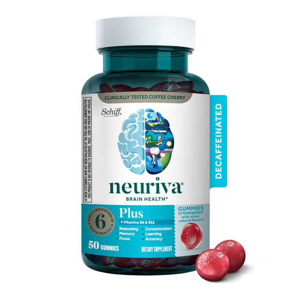 NEURIVA Plus Decaffeinated Nootropic Brain Supplement for Memory, Focus & Concentration & Cognitive Function, Clinically Tested NeuroFactor, Phosphatidylserine, Vitamins B6 B12,50ct Strawberry Gummies