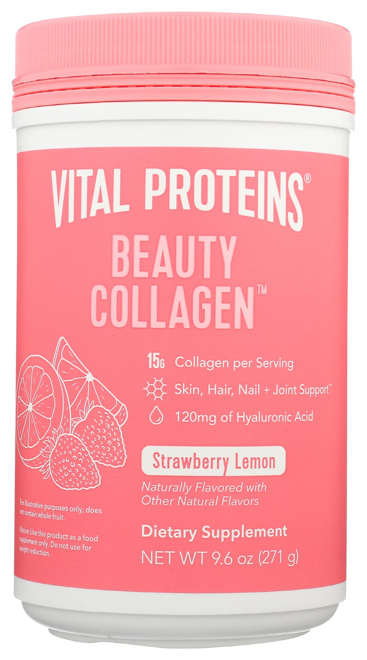 Vital Proteins Beauty Collagen (Strawberry Lemon, Canister) - 120mg of Hyaluronic Acid and 15g of Collagen Per Serving