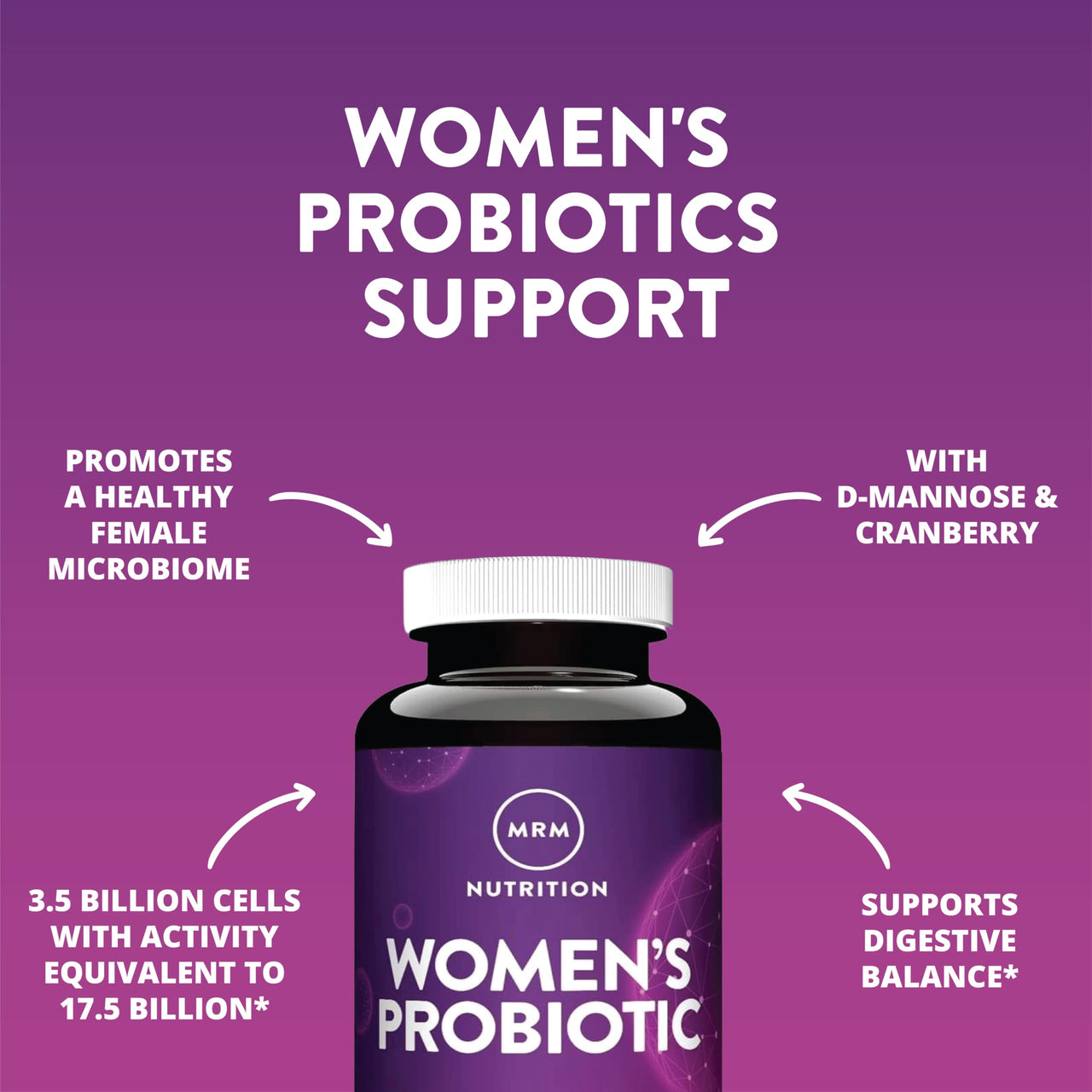 MRM Nutrition Women's Probiotics - Patented Formula Supports Urinary Tract, Vaginal, & Immune Health for Women, Prebiotic Supplement, 3.5 Billion Cells & 2 Bacterial Strains, Vegan - 30 Servings