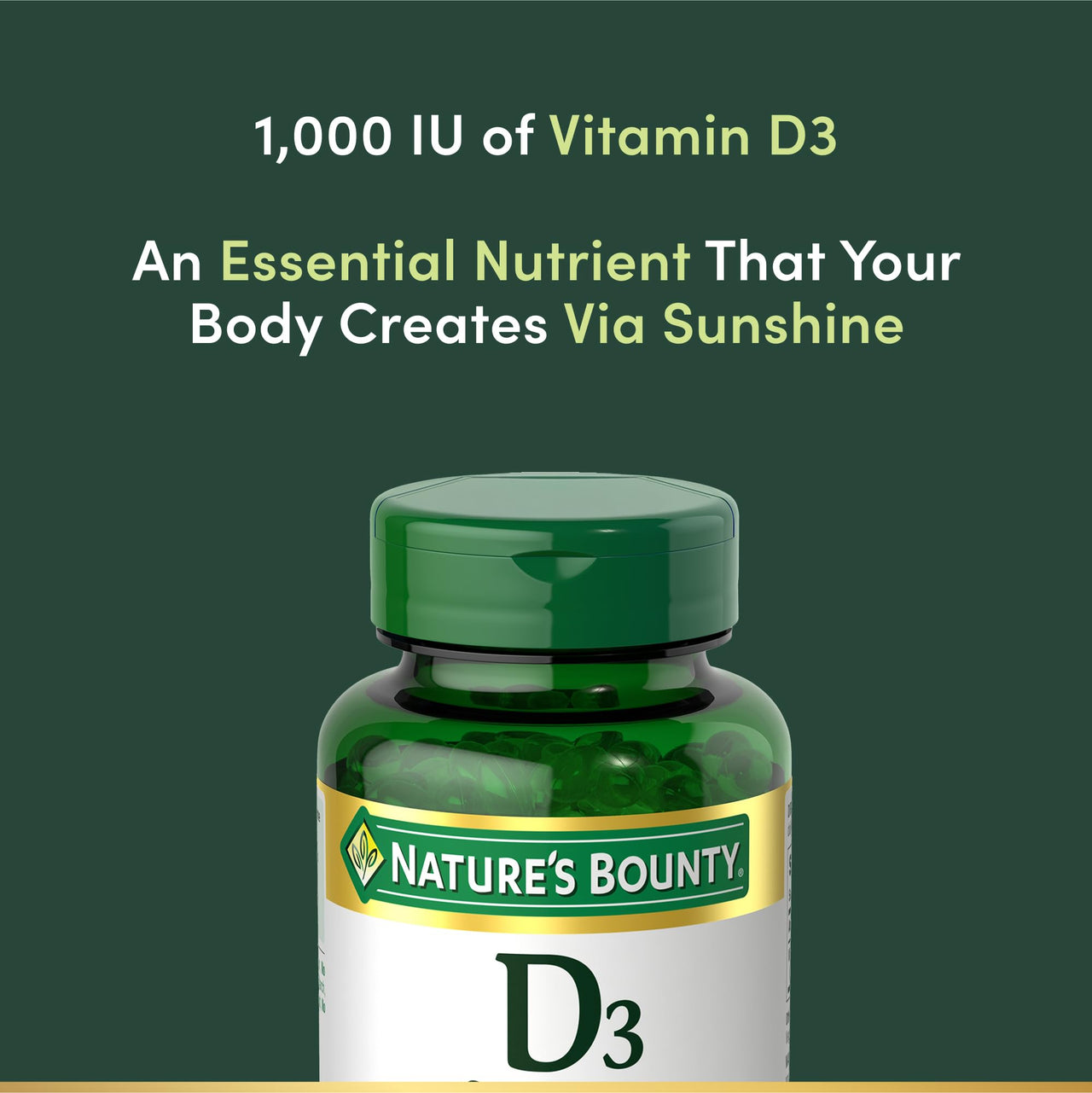 Nature's Bounty Vitamin D3 1000 IU Softgels, Immune Support, Promotes Healthy Bones, 1 Softgel per Day, Gluten Free, 350 Count
