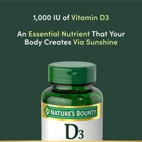 Thumbnail for Nature's Bounty Vitamin D3 1000 IU Softgels, Immune Support, Promotes Healthy Bones, 1 Softgel per Day, Gluten Free, 350 Count